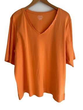 Chico's Orange V-Neck Cotton Tee with Button Detail XXL